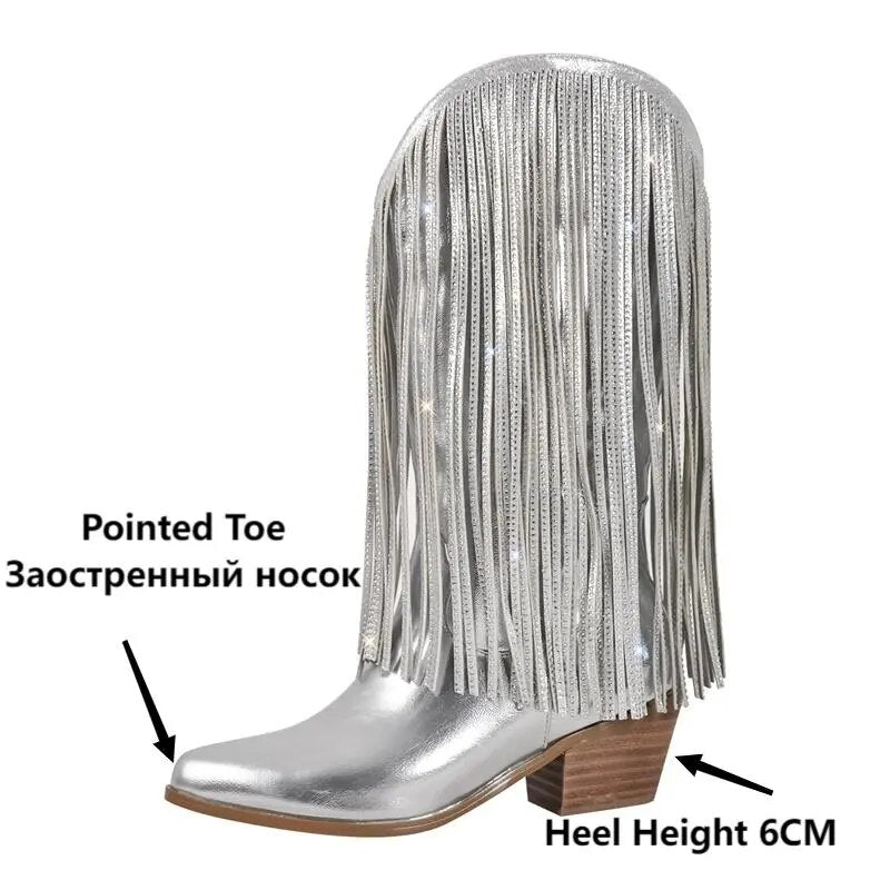 Silver Fringe Western Cowgirl Chunky Boots