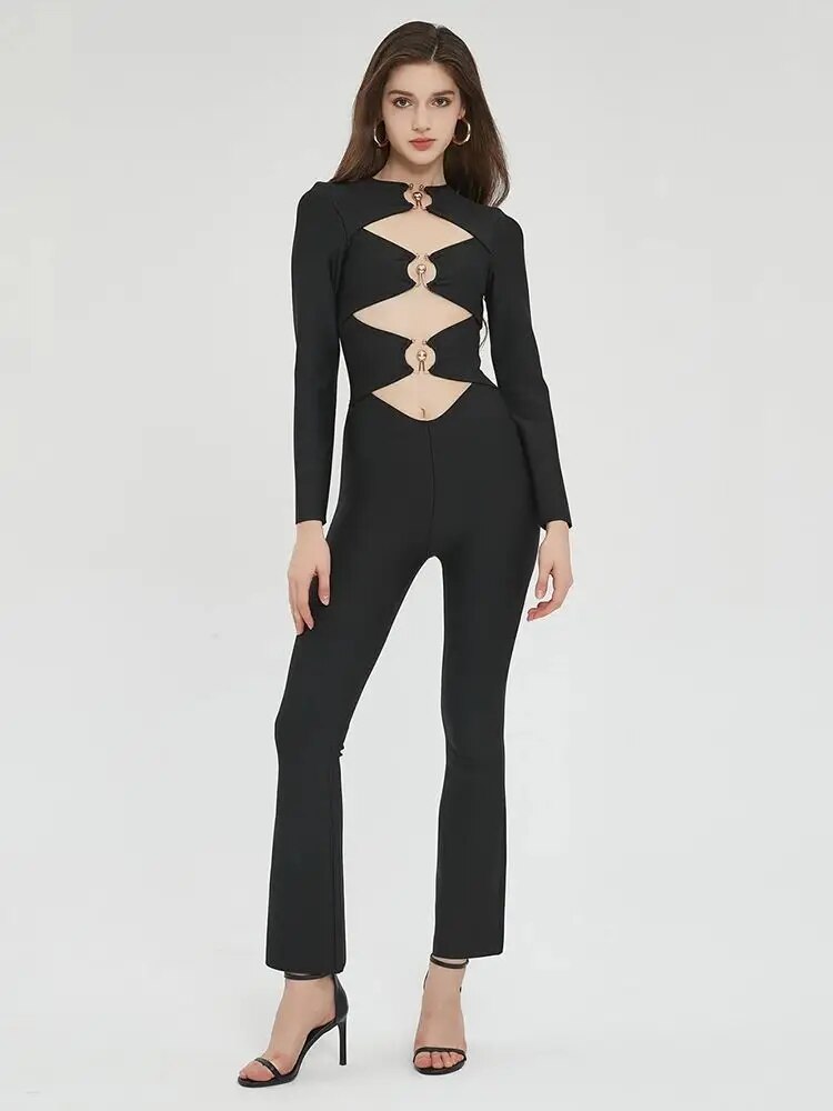 Chic Metal Ring Hollow Evening Jumpsuit