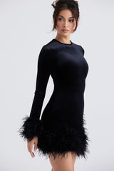 Black Feather Velvet Dress