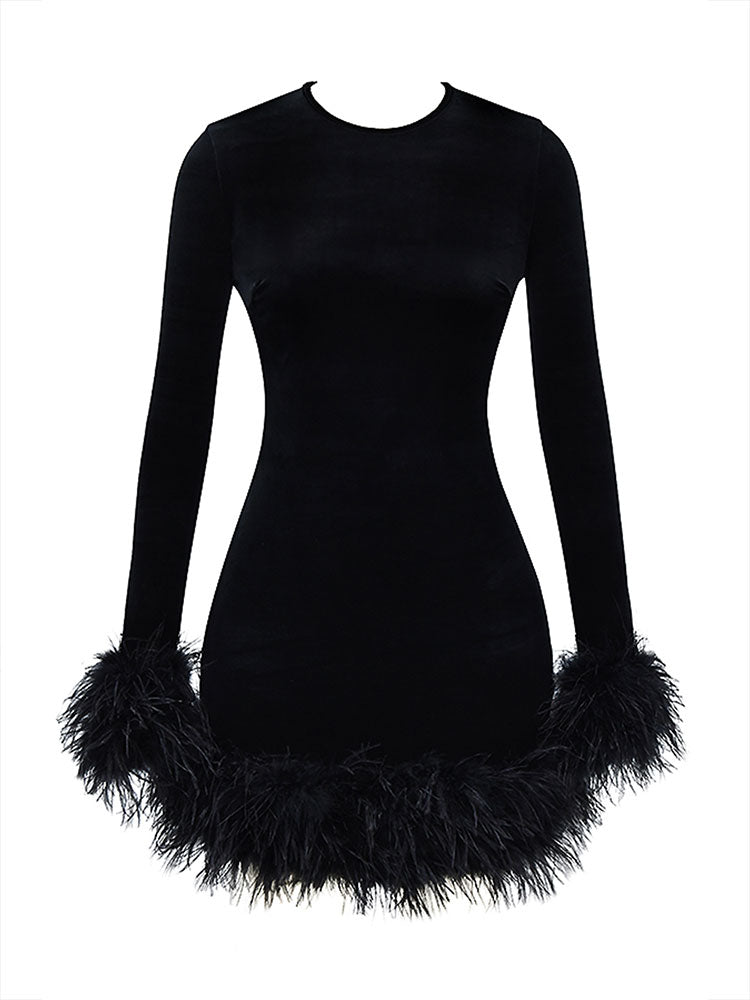 Black Feather Velvet Dress