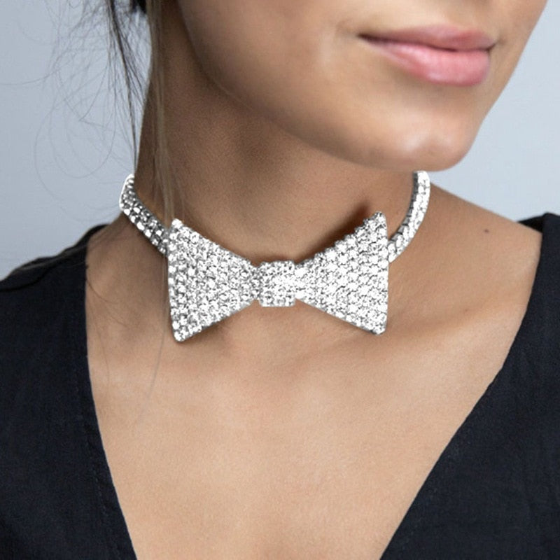 Shiny Rhinestone Bow Tie Necklaces