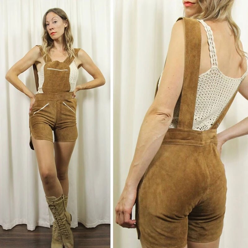 Retro Suede Suspender Shorts Romper