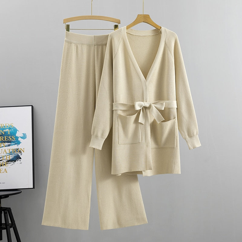 Knit Cardigan Wide Leg Pants Set