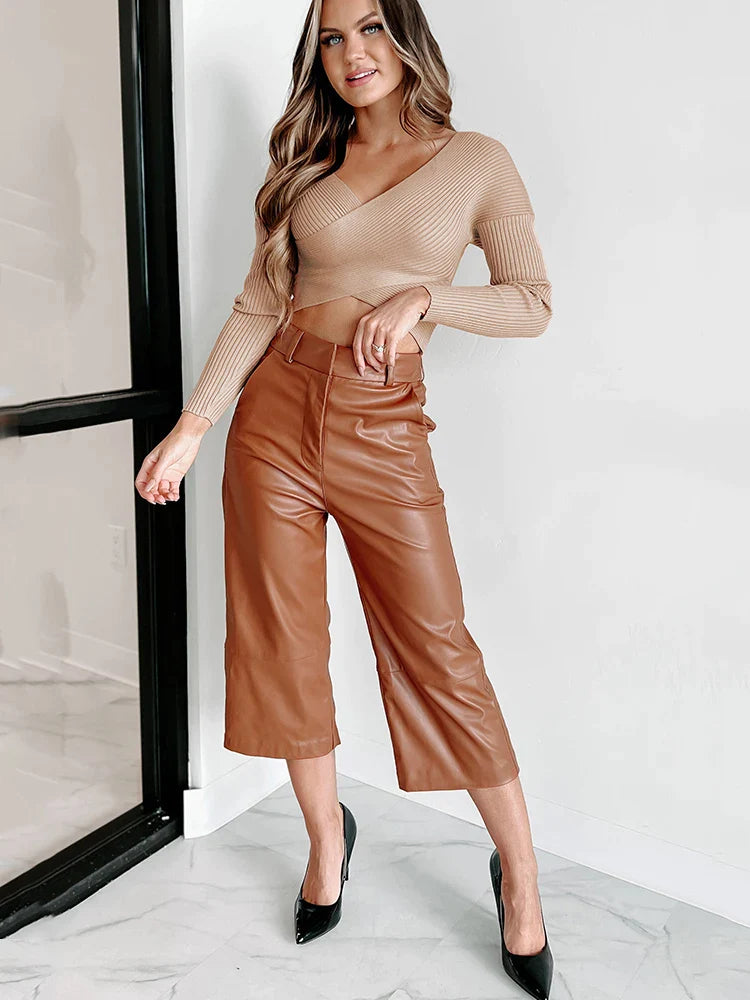 High Waist Faux Leather Capri Pants