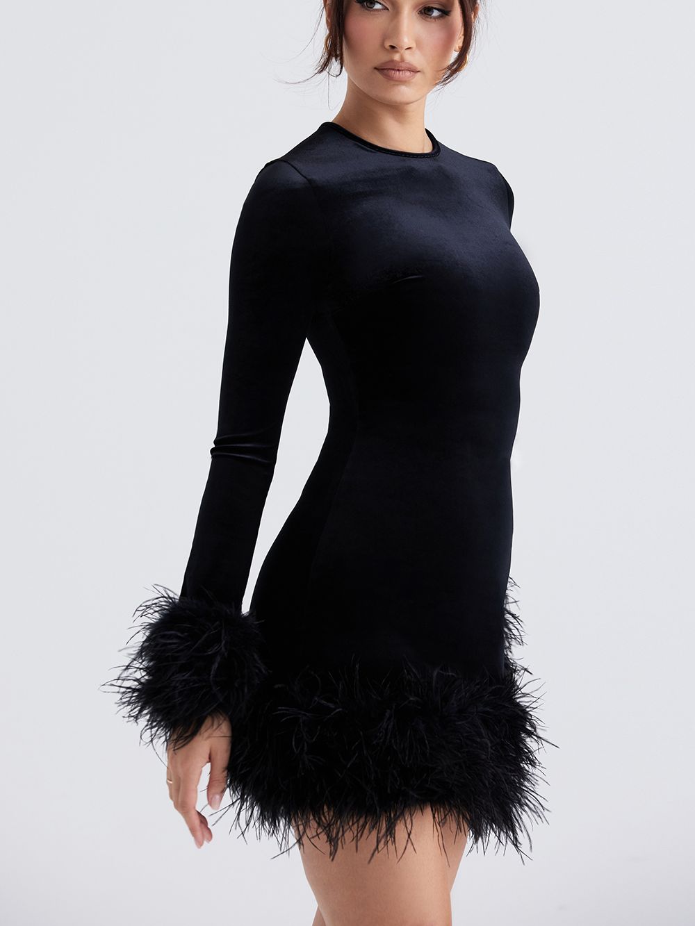 Black Feather Velvet Dress