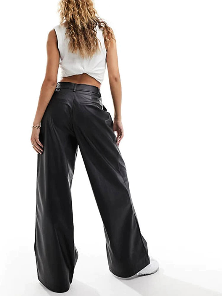 Chic Loose Wide-Leg Leather Trousers