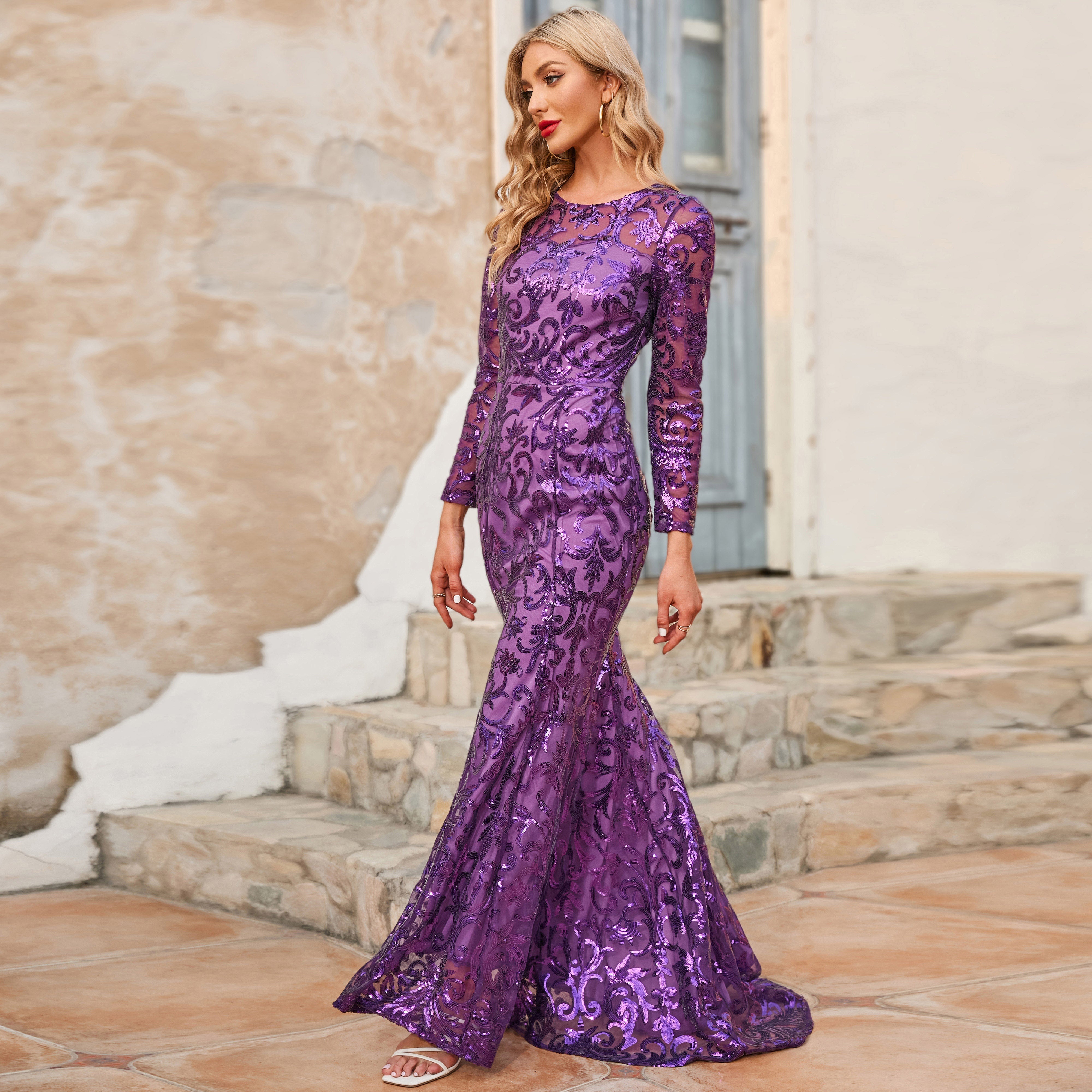 Round Neck Sequin Long Evening Dress