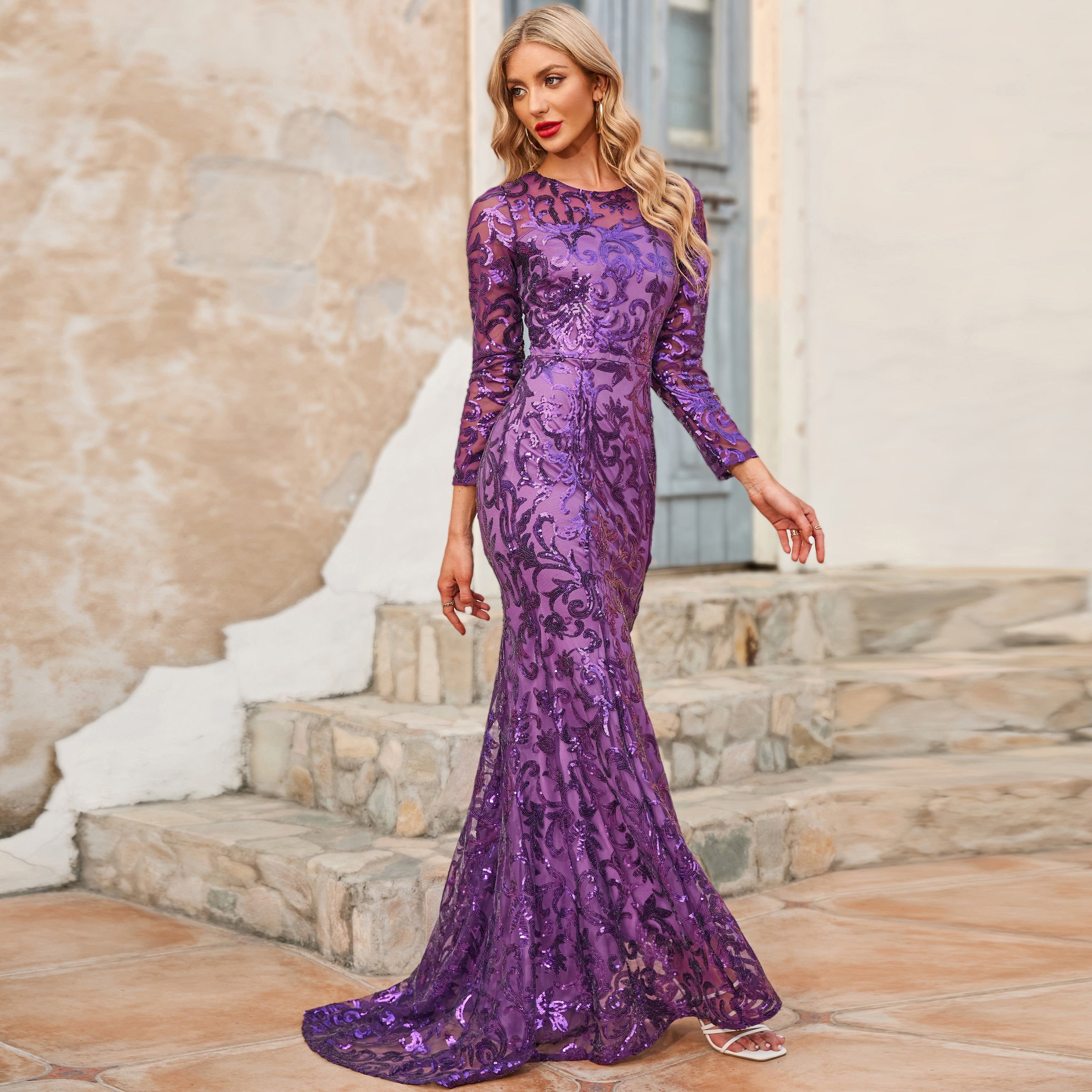 Round Neck Sequin Long Evening Dress