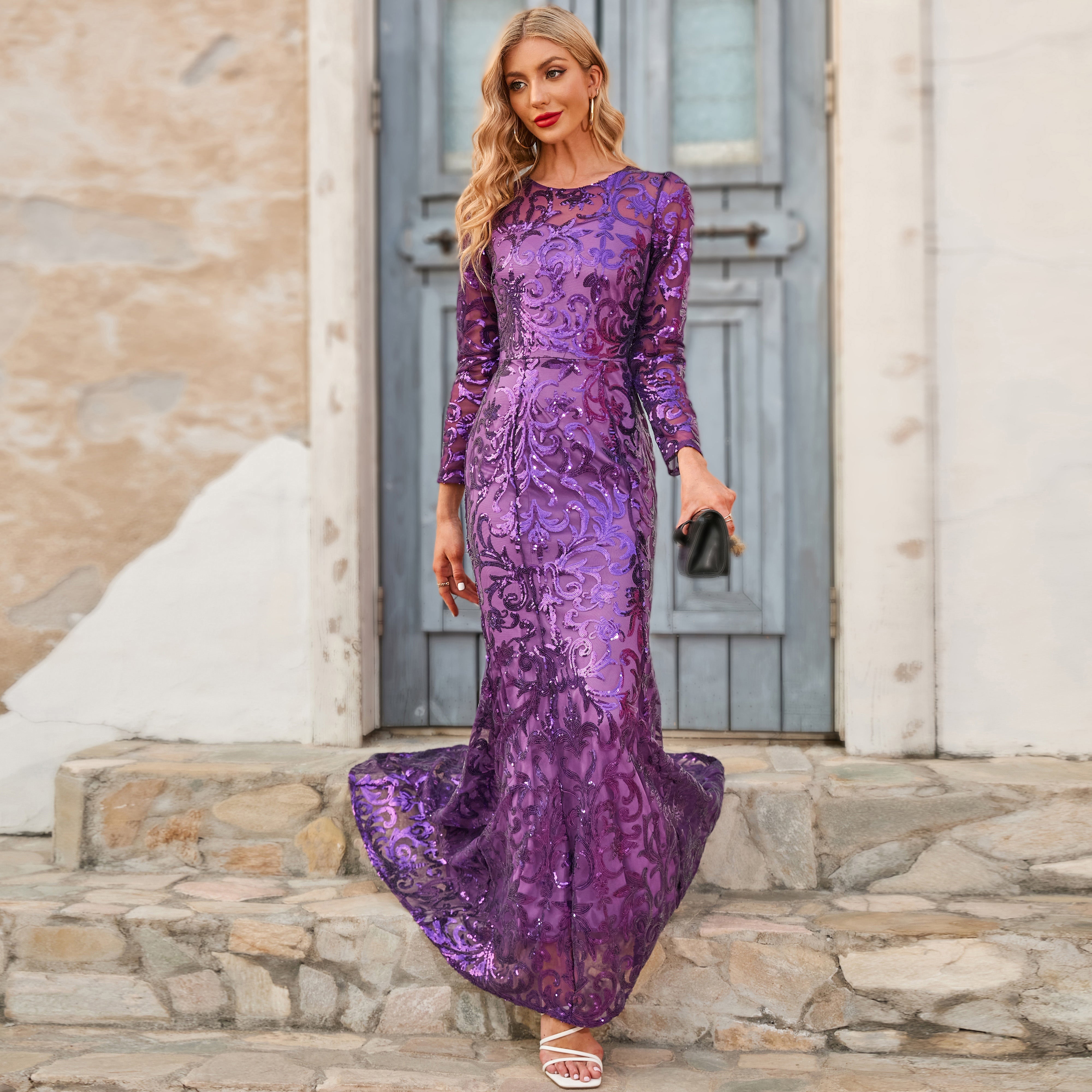 Round Neck Sequin Long Evening Dress